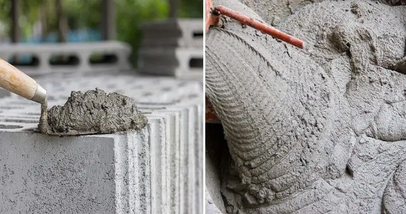 Gạch xây đang được tưới nước làm ẩm và vữa đang trộn đều, chuẩn bị cho quá trình xây tường.