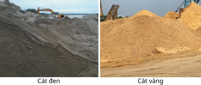 Các loại cát xây dựng: cát vàng, cát đen được phân loại tại công trường cho thi công bê tông và vữa.