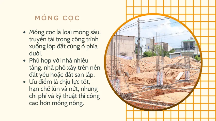 Mô tả chi tiết cấu trúc móng cọc với đài móng và hệ thống cọc bê tông cốt thép, chịu lực cho công trình.