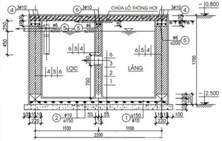 Minh họa cấu tạo bên trong của hầm cầu tự hoại 2 ngăn và 3 ngăn với các ngăn chứa, ngăn lắng, và ngăn lọc.