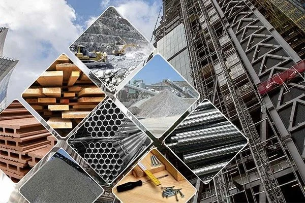 Hình ảnh tổng hợp các vật liệu xây dựng cơ bản: thép, xi măng và gạch tại công trường.
