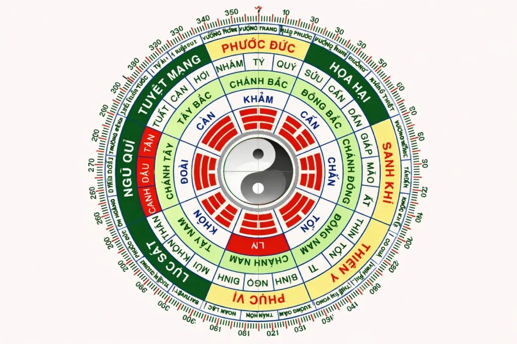 Sơ đồ Bát Quái (Bagua Map) phong thủy nhà ở, chia không gian thành 9 khu vực chức năng.