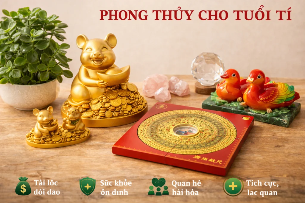 Biểu đồ tóm tắt phong thủy nhà ở cho tuổi Tí, gồm hướng, màu sắc hợp mệnh và vật phẩm tăng cường.