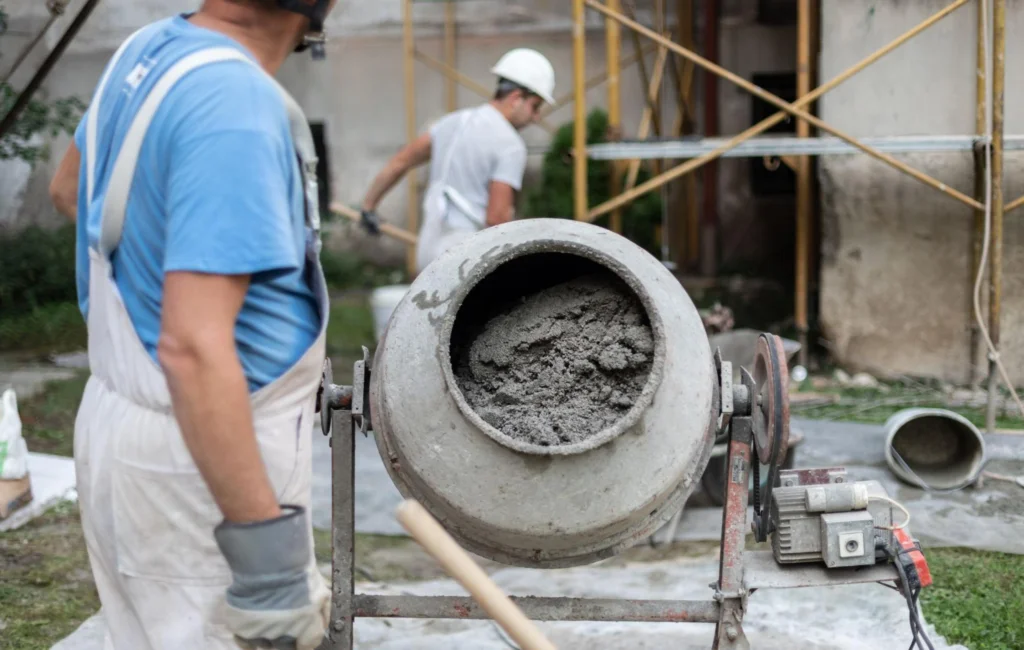 Máy trộn bê tông đang khuấy đều hỗn hợp xi măng, cát và nước tạo vữa xây nhà.