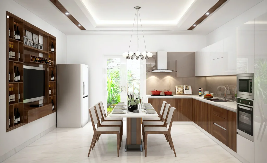 Minh họa các yếu tố chi phí xây phòng bếp dựa trên diện tích và thiết kế nội thất.